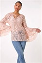 Light Pink Tie Neck Lace Detail Top, Image 4 of 5