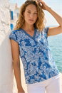 Navy  Leaf Print Lace Trim Top, Image 1 of 4
