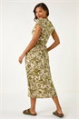 Khaki Floral Print Ruched Stretch Midi Dress, Image 3 of 5