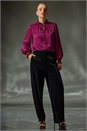 Plum Ruffle Front Tie Neck Blouse, Image 1 of 6