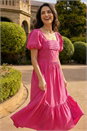 Pink Dusk Cotton Pleated Puff Midi Dress , Image 2 of 4