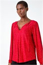 Red Tie Neck Glitter Stretch Top, Image 5 of 6
