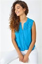 Teal Sleeveless Embroidered Cotton Blouse, Image 1 of 5