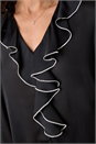 Black Ruffle Front V-Neck Satin Blouse, Image 5 of 5