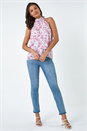 Light Pink Floral Print Halter Neck Frill Top, Image 2 of 5