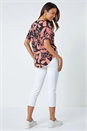 ORANGE Leaf Print Zip Detail V-Neck Stretch Top, Image 3 of 5