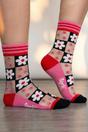 Pink Daisy Checkerboard Combed Cotton Sheer Pop Socks in Pink, Image 1 of 4