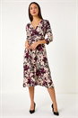 Burgundy Floral Print Midi Wrap Dress, Image 1 of 5
