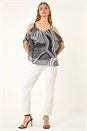 Black Mono Print Cold Shoulder Top, Image 2 of 5