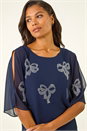 Navy  Bow Embellished Cold Shoulder Top, Image 5 of 6