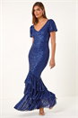 Navy  Puff Sleeve Tiered Hem Maxi Dress, Image 3 of 7