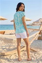 Turquoise Leaf Print V-Neck Button Top, Image 3 of 4