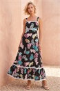 Black Feather Print Ric Rac Maxi Dress, Image 1 of 4