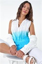 Turquoise Ombre Embroidered V-Neck Cotton Crinkle Blouse, Image 1 of 5