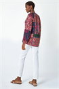 Red Patchwork Print V-Neck Stretch Jersey Shirt, Image 3 of 5