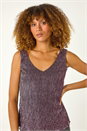 Pink V-Neck Metallic Plisse Vest Top, Image 4 of 6