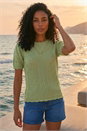 Khaki Scallop Puff Sleeve Knit Top, Image 2 of 4