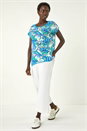 Blue Tropical Leaf Bobble Trim Top, Image 2 of 5