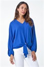 Royal Blue Plain Long Sleeve Tie Front Top, Image 1 of 5