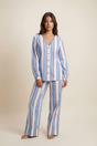 Light Blue Stripe Cotton V Neck Pyjama Trouser Set, Image 1 of 4