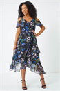 Navy  Petite Cold Shoulder Floral Midi Dress, Image 4 of 5