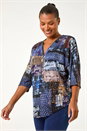 Blue Abstract Print Front Zip Stretch Top, Image 1 of 5