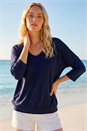 Navy  Bubble Hem V-Neck Top, Image 2 of 4