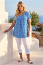 Blue Curve Pleat Front Printed Stretch Top, Image 2 of 4