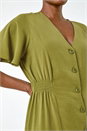 Pea Green Button Down Shirred Midi Dress, Image 5 of 5