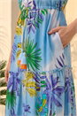 Blue Palm Print Tiered Button Dress, Image 4 of 4