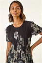Black Floral Print Pleated Short Sleeve Top, Image 4 of 5