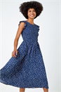 Navy  Frill Sleeve Spot Shirred Midi Dress, Image 3 of 5