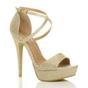 Gold High Heel Crossed Straps Platform Sandals, Image 1 of 6