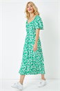 Green Floral Print Ruched Midi Dress , Image 2 of 5