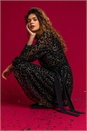Black Leopard Print Shimmer Lace Wrap Skater Dress, Image 4 of 5