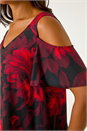 Red Floral Print Cold Shoulder Asymmetric Top, Image 5 of 5
