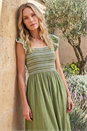 Khaki Petite Contrast Shirred Midi Dress, Image 2 of 4