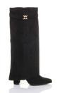 Black AJVANI Black High Block Heel Pointed Toe Fold Over Knee Boots, Image 1 of 4