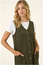 Khaki Cotton V-Neck Button Pocket Dress, Image 3 of 6