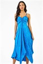 Blue Satin Ruffle Detail Jacquard Midi Dress, Image 1 of 5