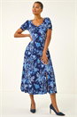 Blue Floral Print Ruched Stretch Midi Dress, Image 2 of 5