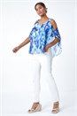Blue Abstract V-Neck Cold Shoulder Overlay Top, Image 2 of 5