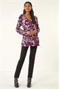Purple Floral Print Tie Front Stretch Top, Image 2 of 5