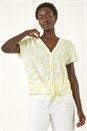 Yellow Cotton Broidery Tie Front Blouse, Image 2 of 5