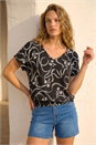 Black Bow Print V-Neck Stretch Top , Image 2 of 4