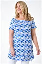Blue Curve Geometric Print Stretch Tunic Top, Image 2 of 5