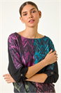 Black Colour Block Print Stretch Sleeve Top, Image 1 of 5