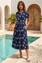 Navy  Leaf Print Smock Midi Dress , Image 3 of 4