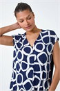 Navy  Circle Ring Print V-Neck Stretch Top, Image 4 of 5