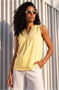 Light Yellow Lace Trim Tie V-Neck Top, Image 2 of 4